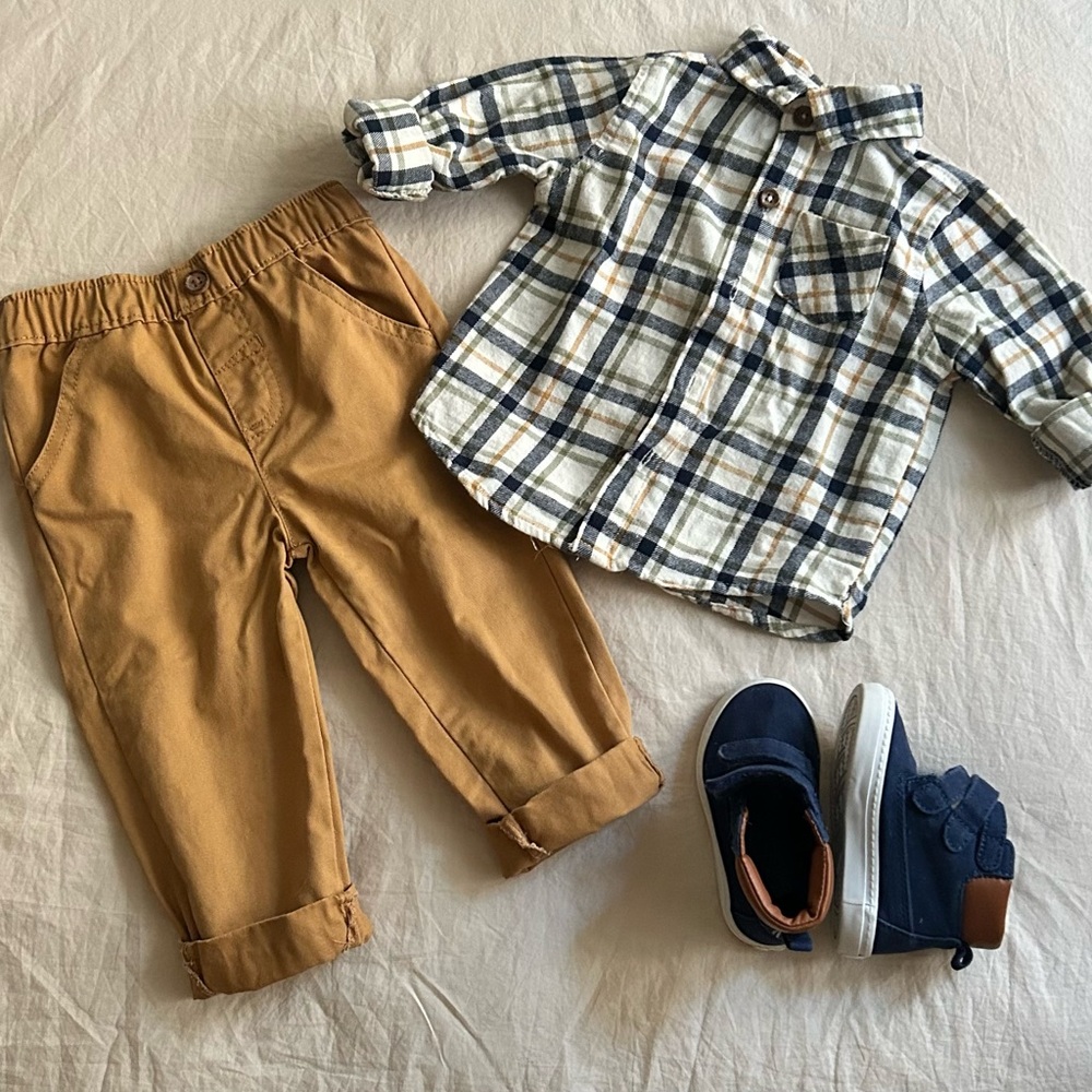18 month matching Outfit- Plaid Shirt, Tan Pants, blue shoes
